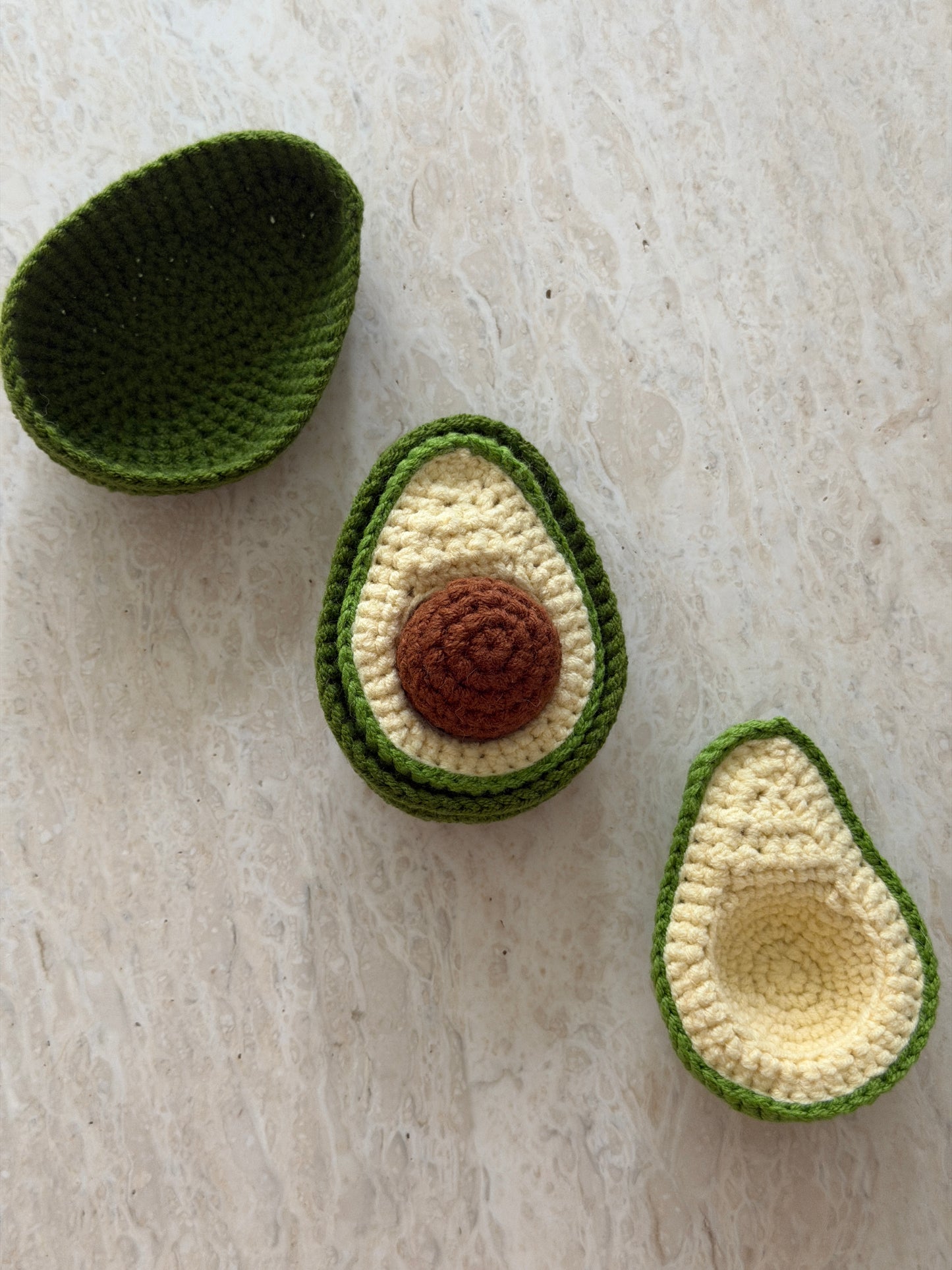 Interactive crochet fruit toy avocado
