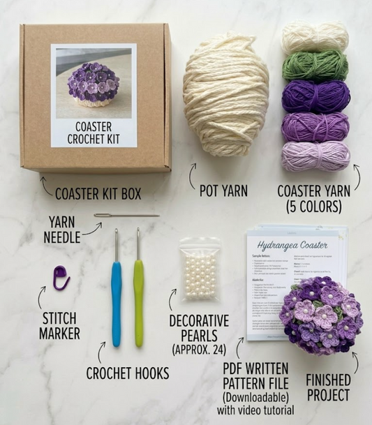 Hydrangea Crochet Coaster Kit (3 Coasters + 1 Pot)