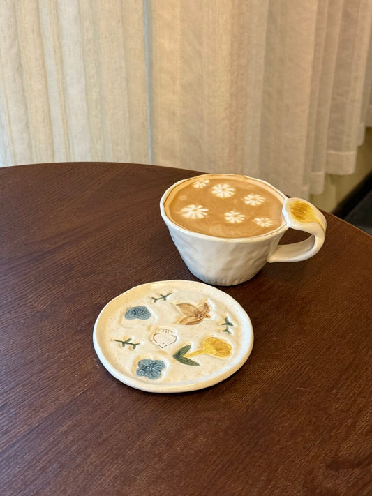 Handmade Floral Ceramic Mug with Saucer Set