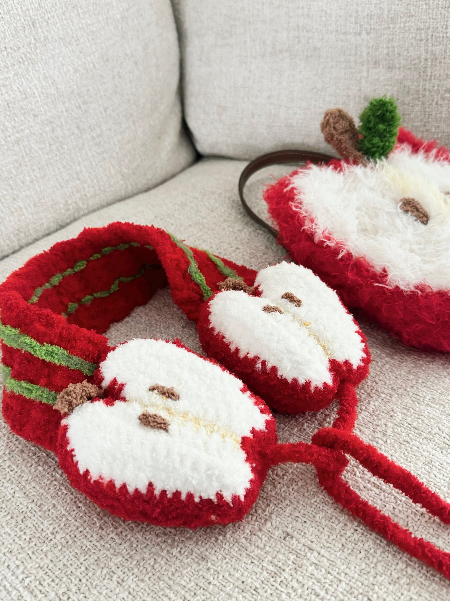 Crochet apple earmuffs and bags