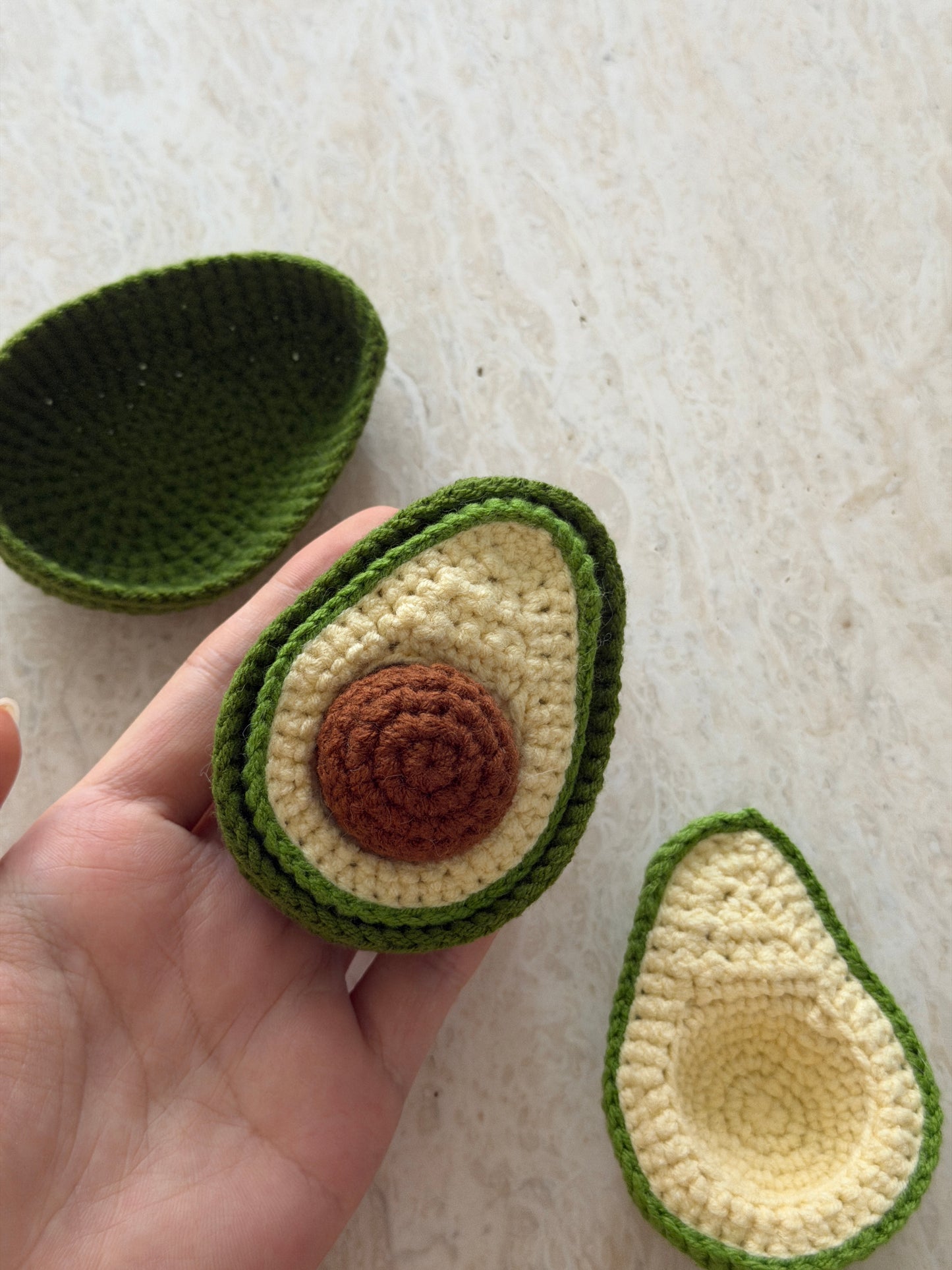 Interactive crochet fruit toy avocado