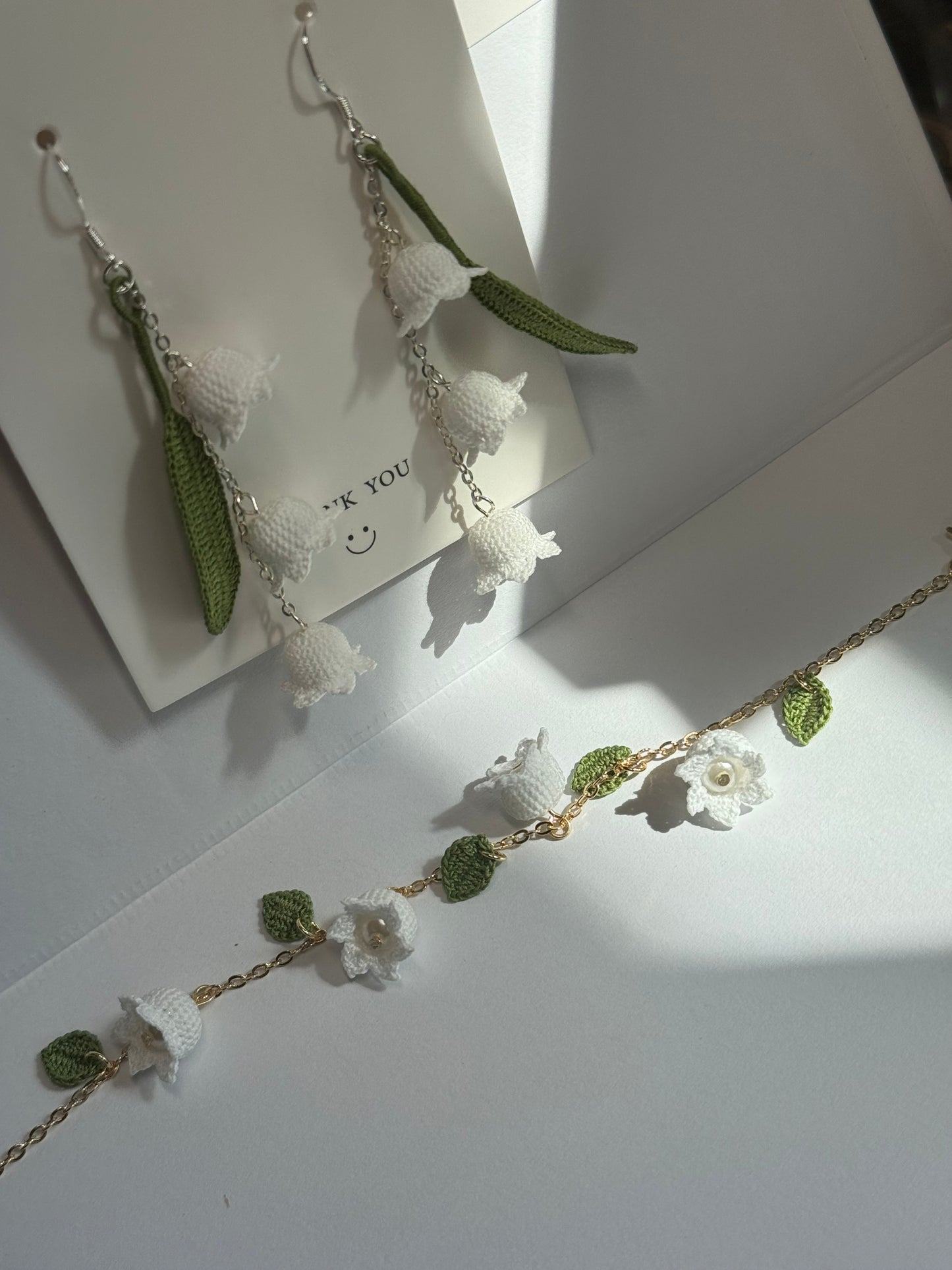 Crochet handmade Lily of the valley earrings and bracelet