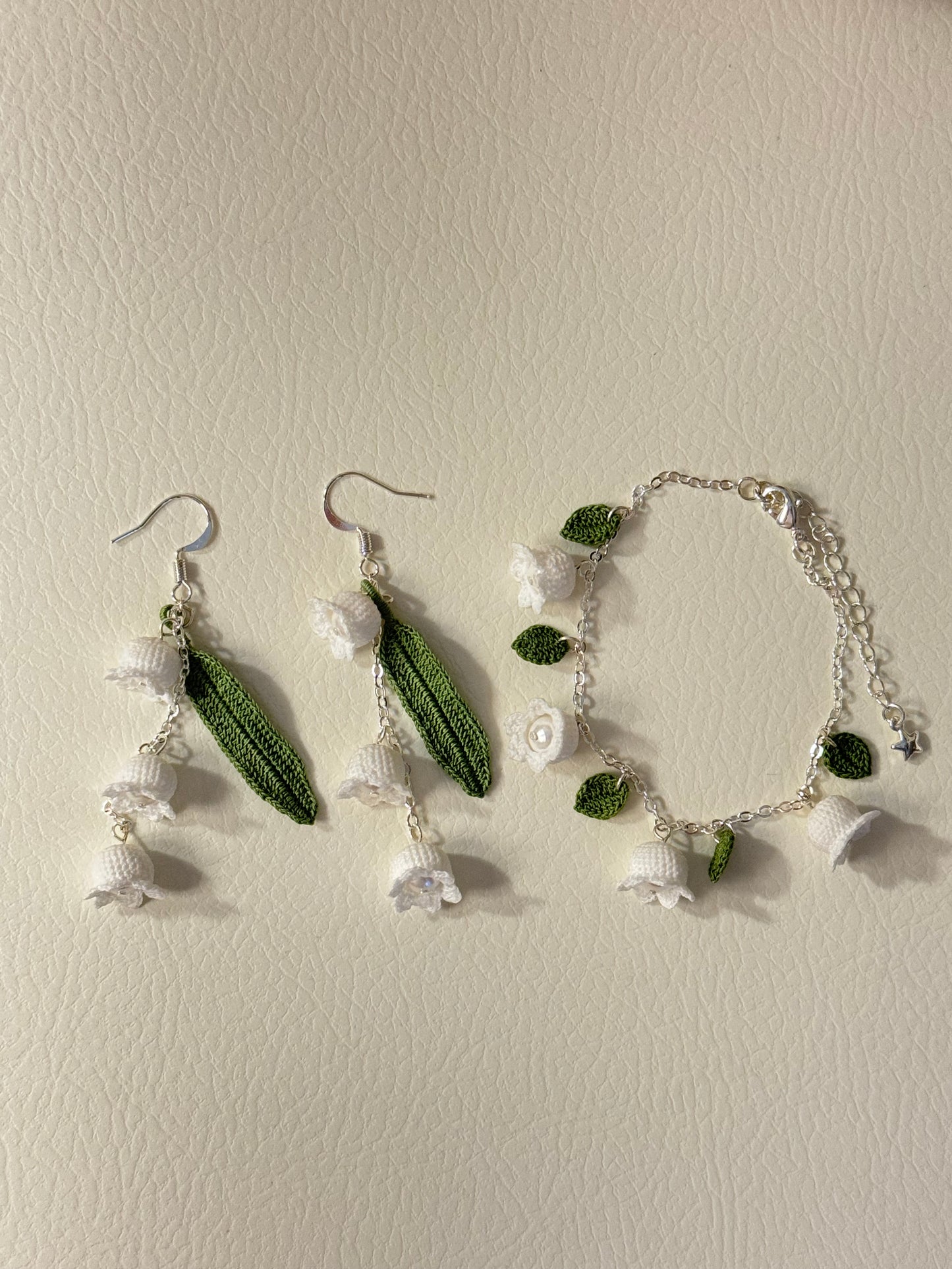 Crochet handmade Lily of the valley earrings and bracelet