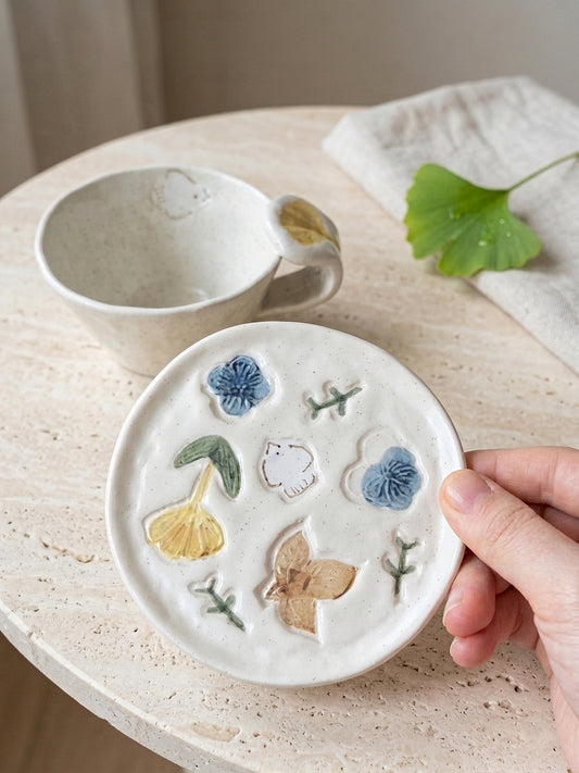 Handmade Floral Ceramic Mug with Saucer Set