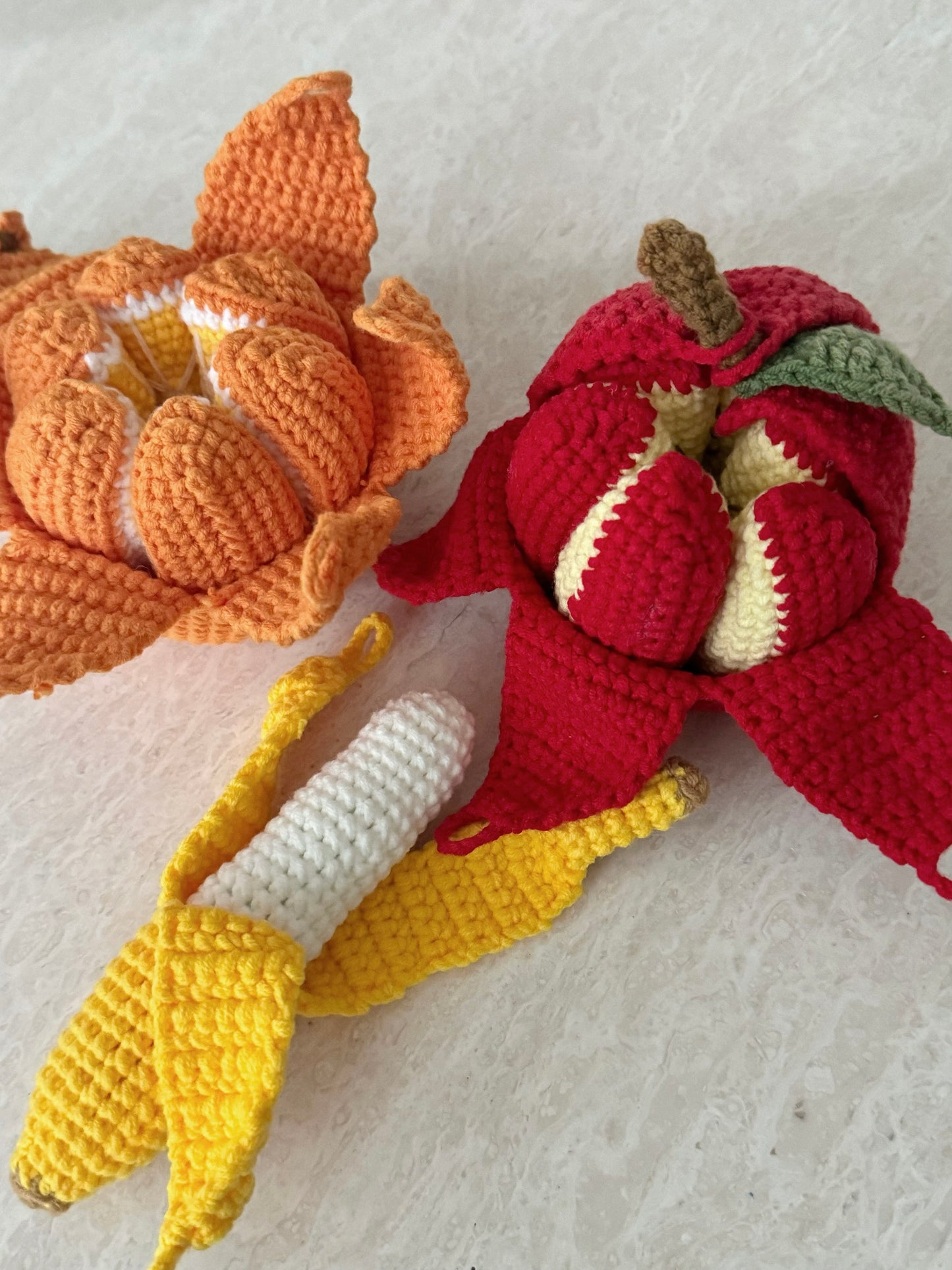 Crochet fruit toys peelable orange/apple/banana/durian toy