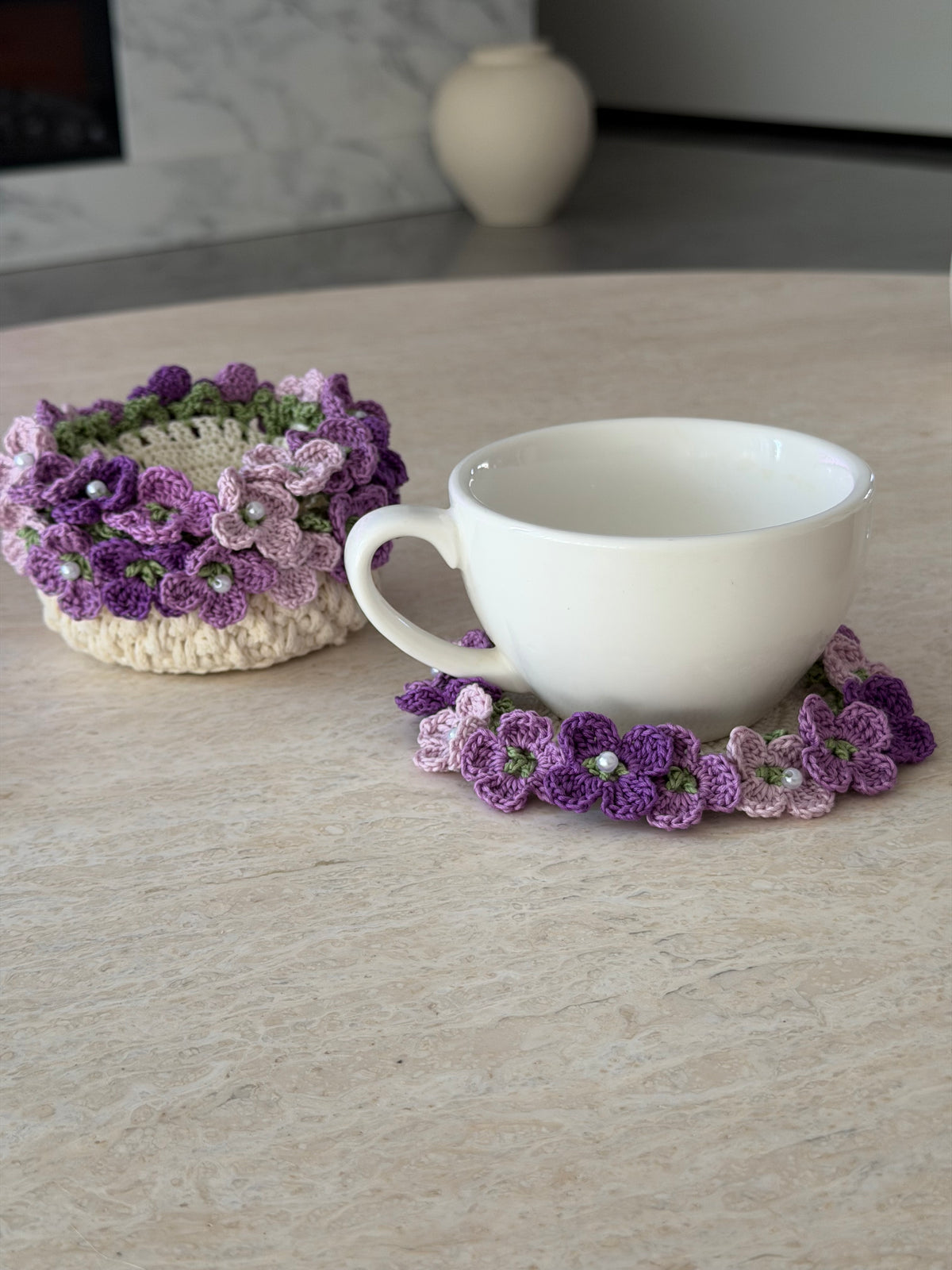 Purple hydrangea pot coaster set