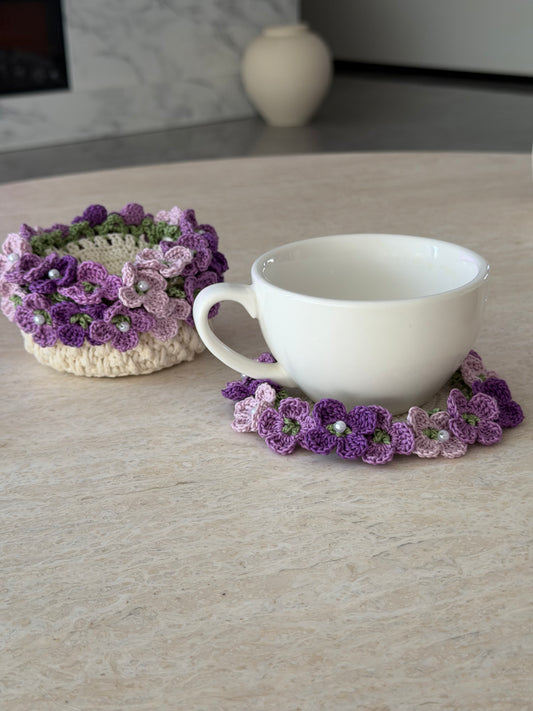 Purple hydrangea pot coaster set