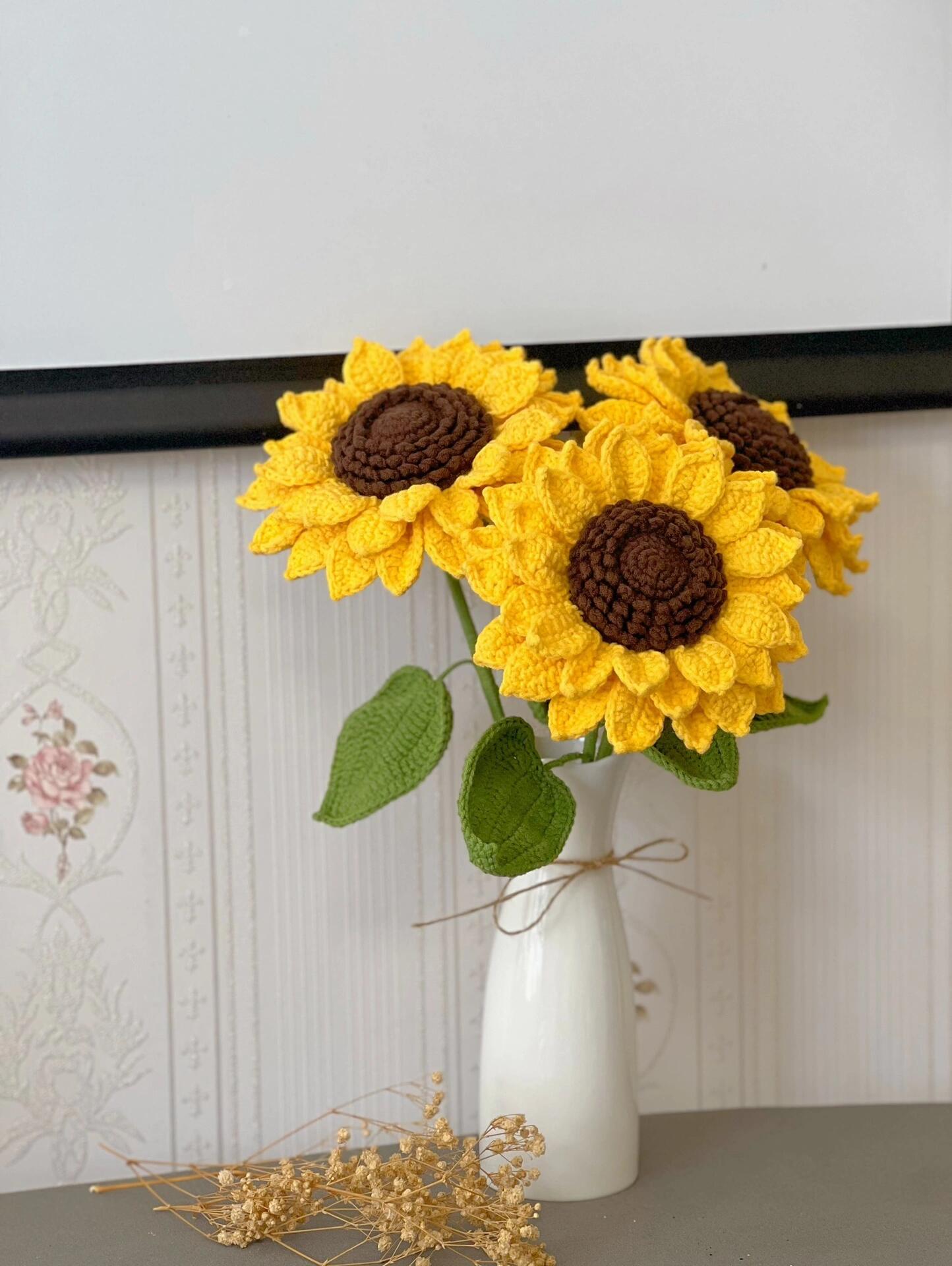 Crochet Sunflower Home Decor | Forever Potted Flower Bouquet, Table Accent