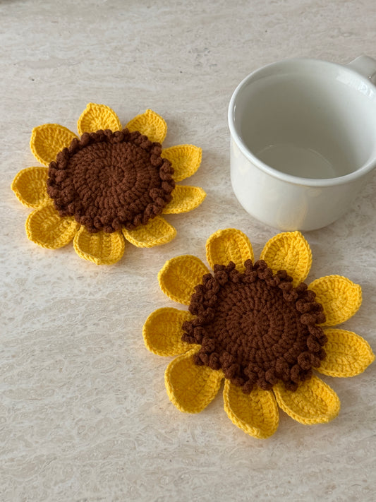 Handmade crochet sunflower coasters set