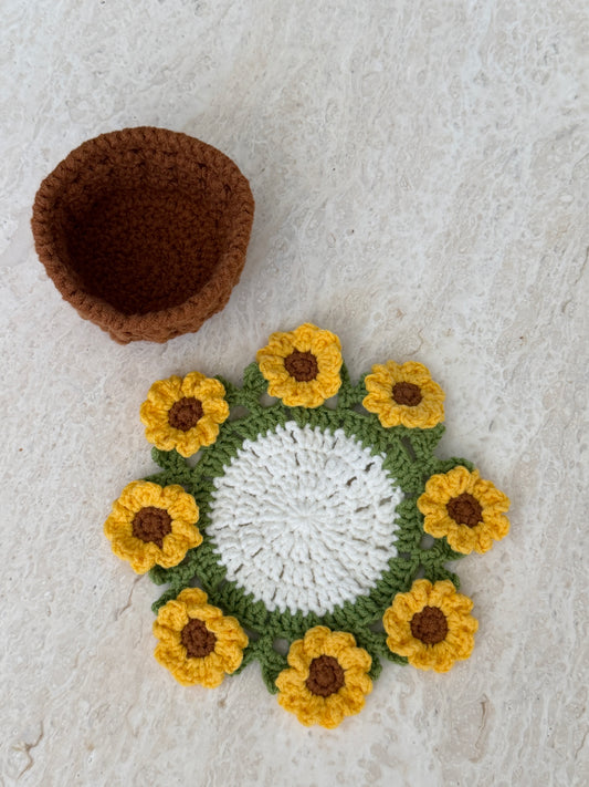 Crochet sunflower pot coaster