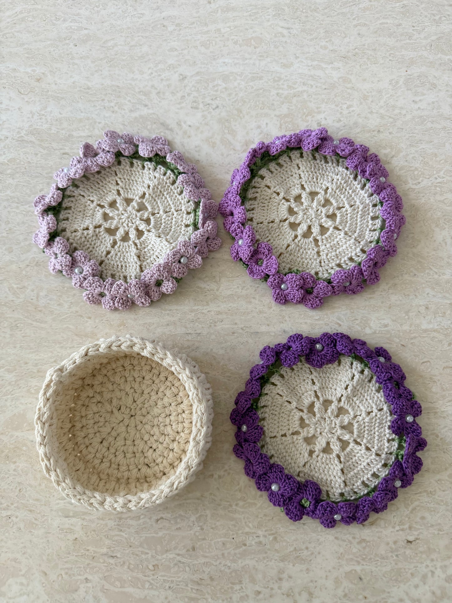 Purple hydrangea pot coaster set
