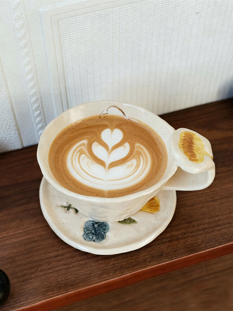 Handmade Floral Ceramic Mug with Saucer Set