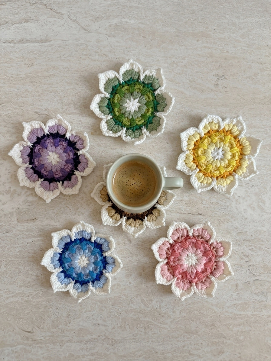 Crochet coaster set, handmade floral cotton drink coasters
