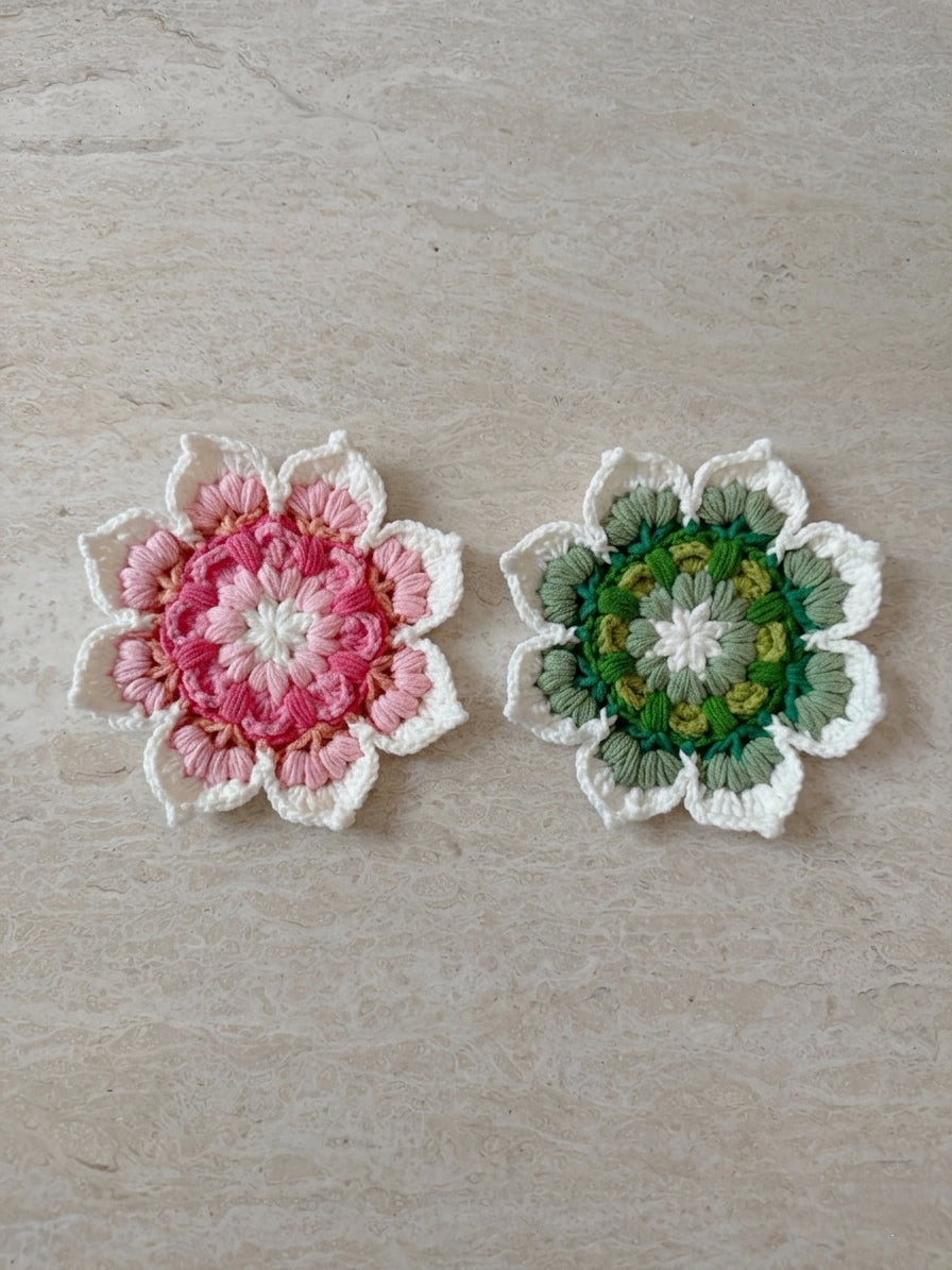 Crochet coaster set, handmade floral cotton drink coasters