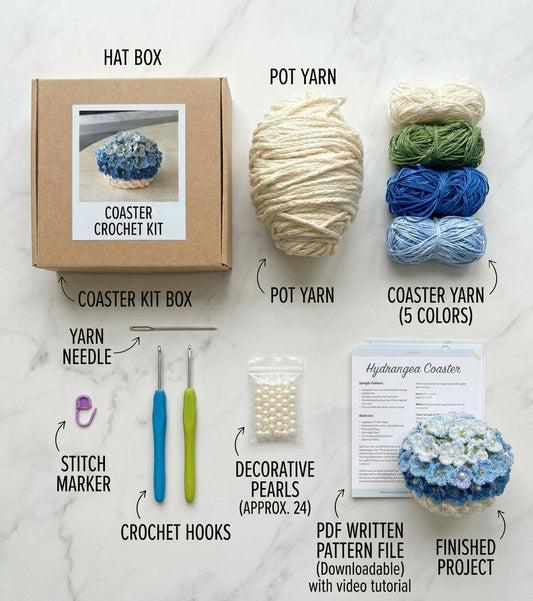 Hydrangea Crochet Coaster Kit (3 Coasters + 1 Pot)