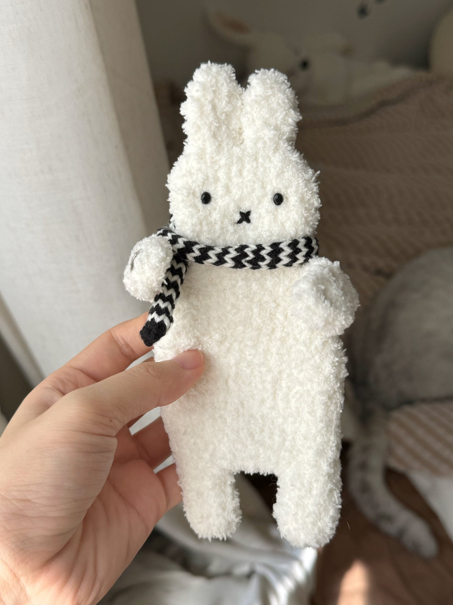 White fluffy miffy bunny with a black and white scarf  bag charms bag accessories  